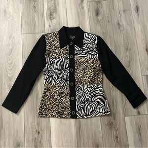 Corey B Animal print Button-up Top Leopard Zebra Silk Trim Size 10 USA